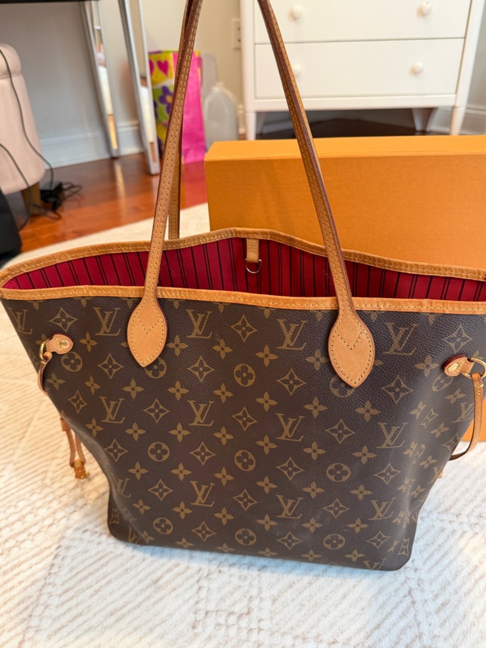 Louis Vuitton Neverfull MM Monogram Cherry Red Interior Full Set + Pouch